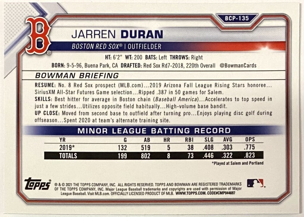 Jarren Duran 2022 Panini Donruss Baseball Boston Red Sox Rated