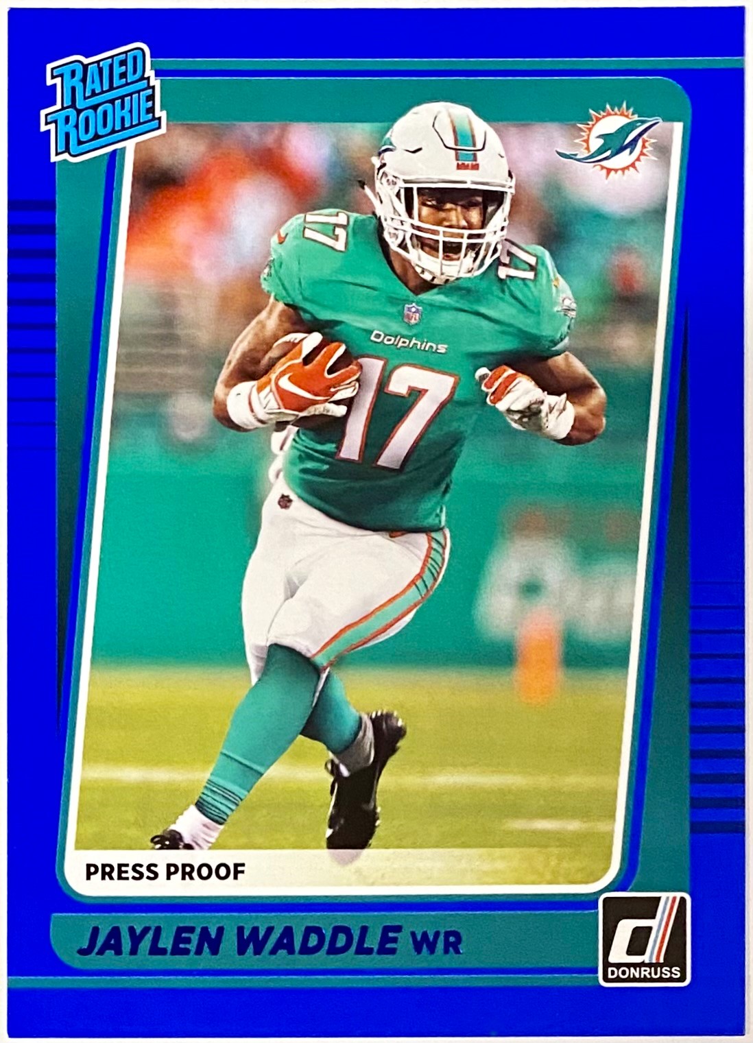 Jaylen Waddle 2021 Panini Donruss Football Miami Dolphins Press Proof Blue Rated Rookie Card 