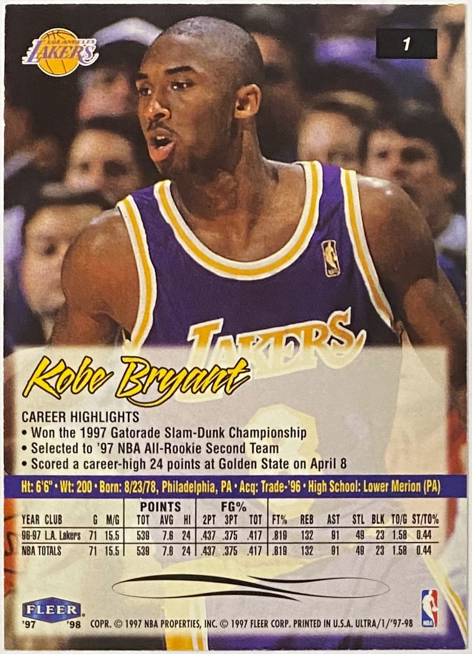 Kobe Bryant 1997-98 Fleer Los Angeles Lakers Basketball Card - KBK Sports