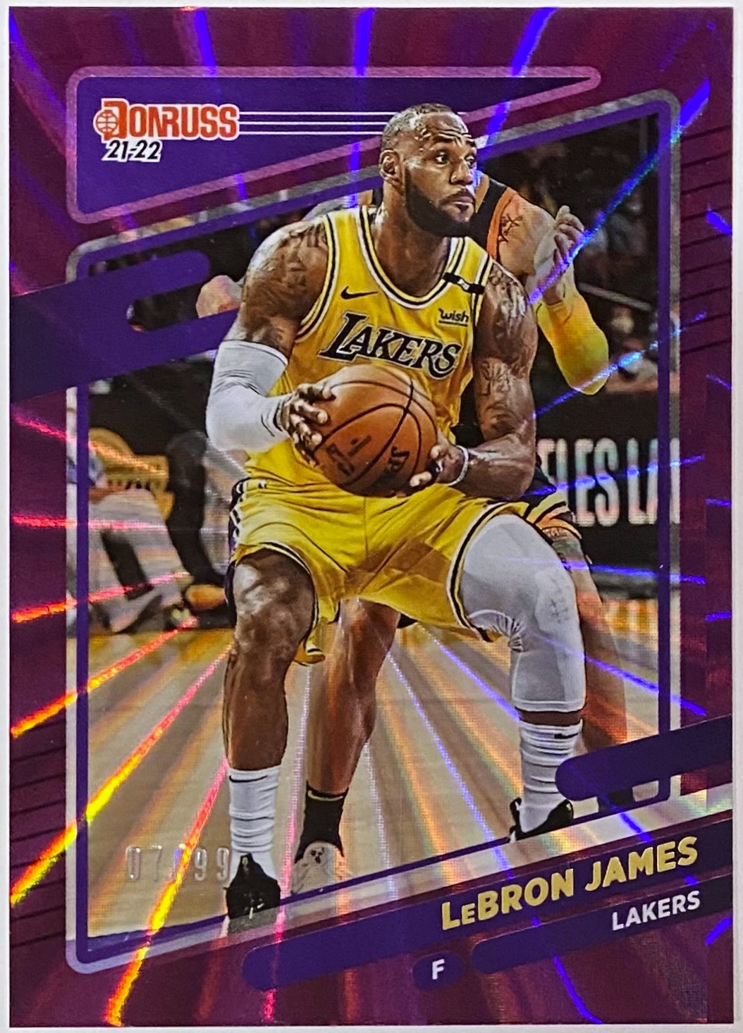 LeBron James 2021 22 Panini Donruss Basketball Los Angeles Lakers Purple Laser Numbered Card 07 99 KBK Sports