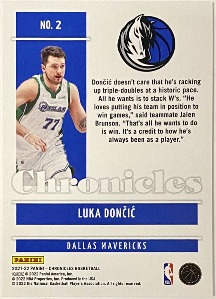 Luka Doncic 2021 22 Panini Chronicles Basketball Dallas Mavericks Card