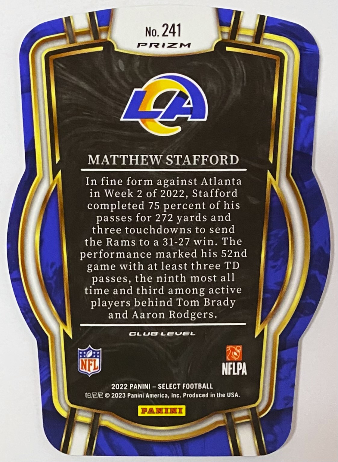 Matthew Stafford 2022 Panini Select Football Los Angeles Rams Club Level  Black & Red Prizm Die-Cut Card - KBK Sports