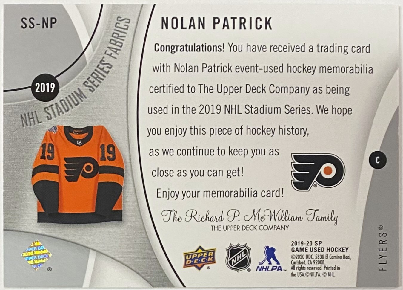 Nolan Patrick 2019-20 Upper Deck Philadelphia Flyers NHL Stadium Series ...