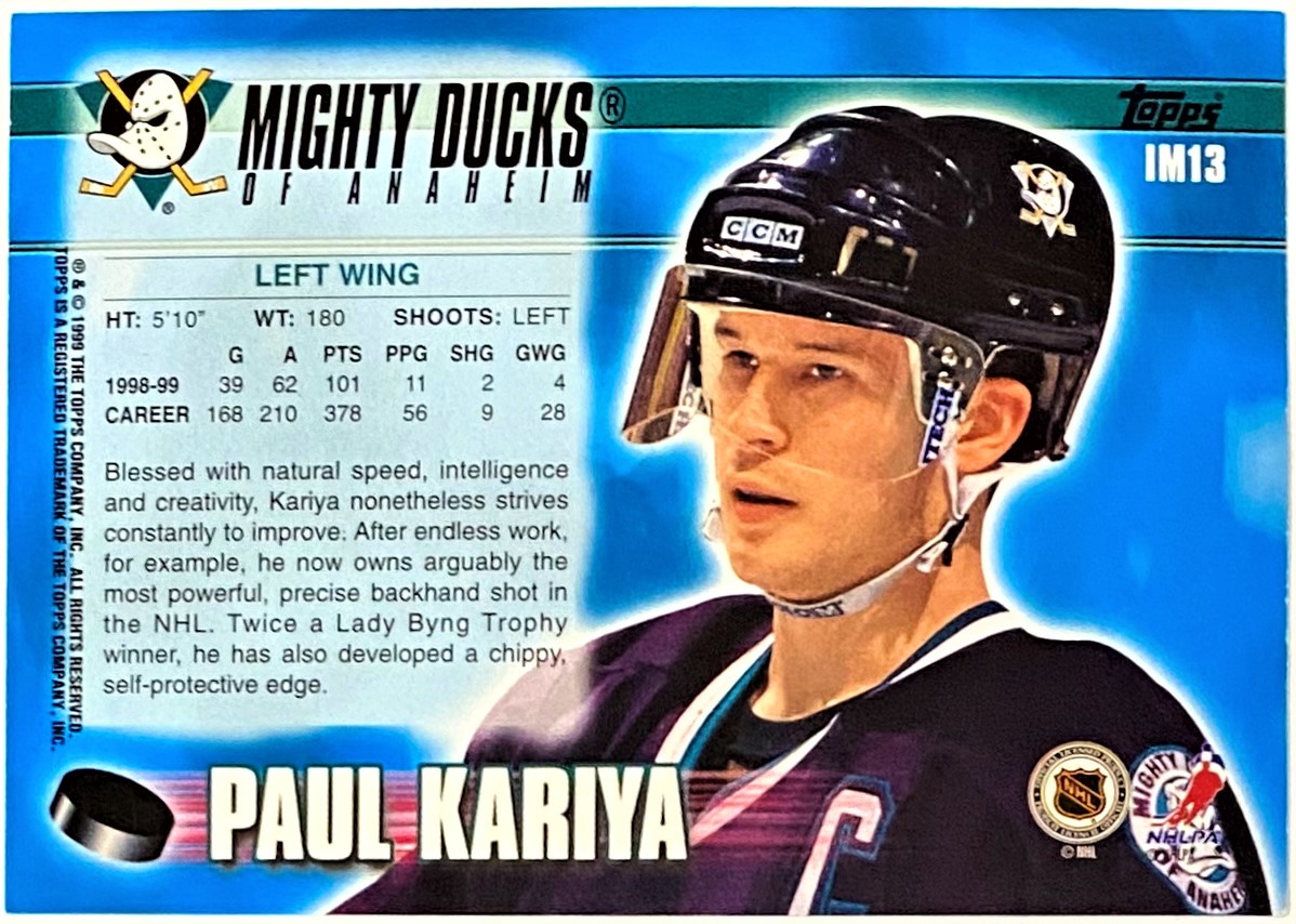 Paul Kariya 1999-00 Topps Mighty Ducks of Anaheim Hockey Ice Masters Card –  KBK Sports