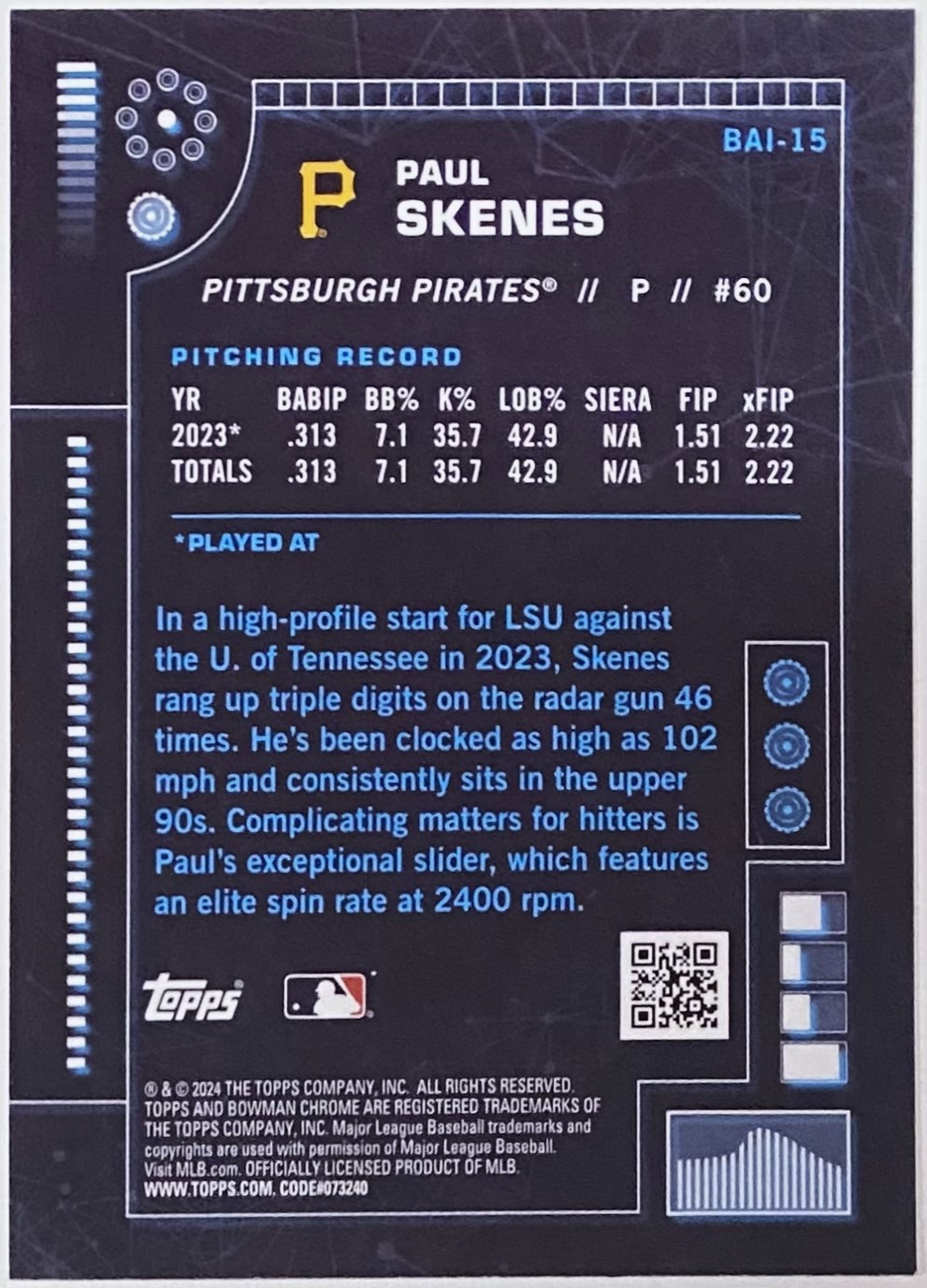 Paul Skenes 2024 Bowman Chrome Pittsburgh Pirates Baseball Bowman AI Rookie Card KBK Sports