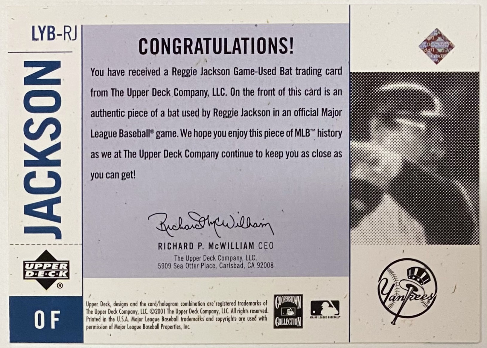 Reggie Jackson 2001 Upper Deck Legends of New York New York Yankees  Baseball Legendary Bat Card w/Piece of Game-Used Bat - KBK Sports