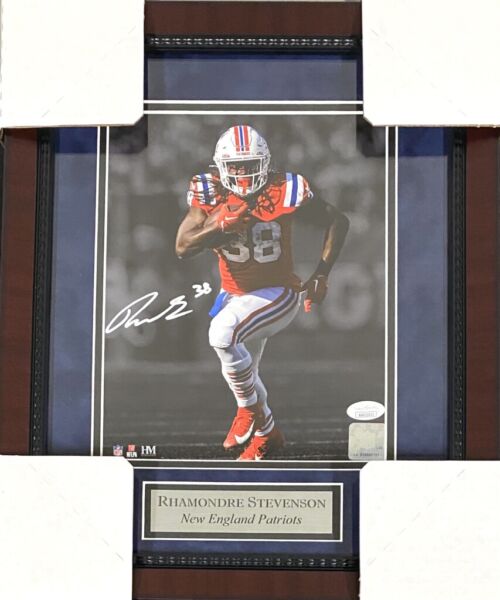 Rhamondre Stevenson Patriots Signed Spotlight Matted & Framed