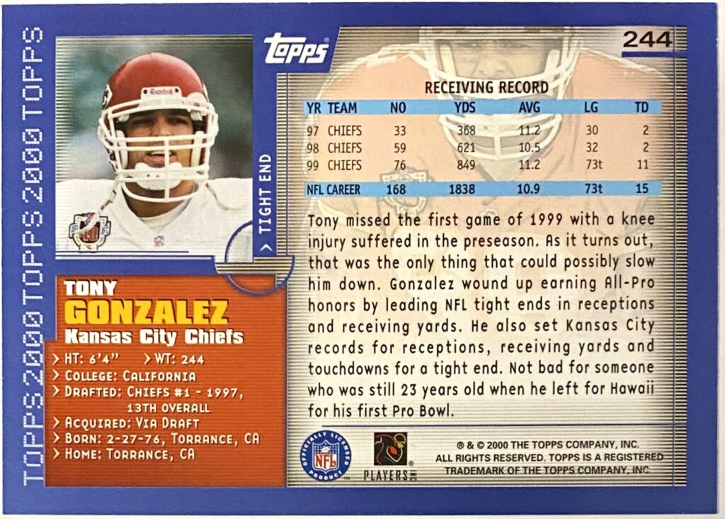 Kansas City Chiefs on X: #tbt to February 6, 2000: TE Tony Gonzalez  represented the #Chiefs at the 2000 NFL Pro Bowl