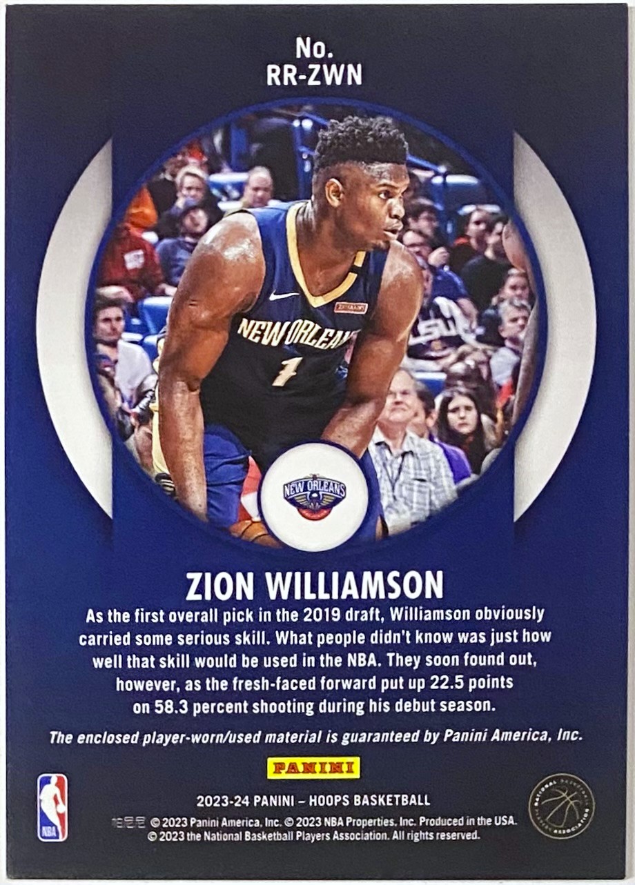 Zion Williamson 2023-24 Panini Hoops Basketball New Orleans Pelicans Rookie  Remembrance Card w/Piece of Player-Worn Material - KBK Sports